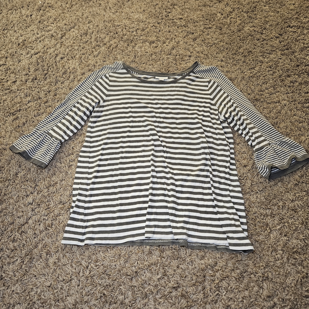 J. Jill Women's Green White Striped 3/4 Bell Sleeve Stretch Knit Top Size Medium